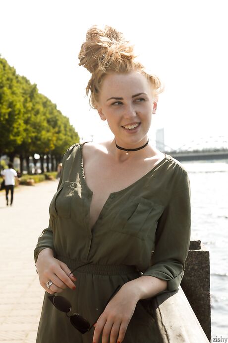 Gorgeous amateur babe Helene Trobec flashes her tits & booty in public